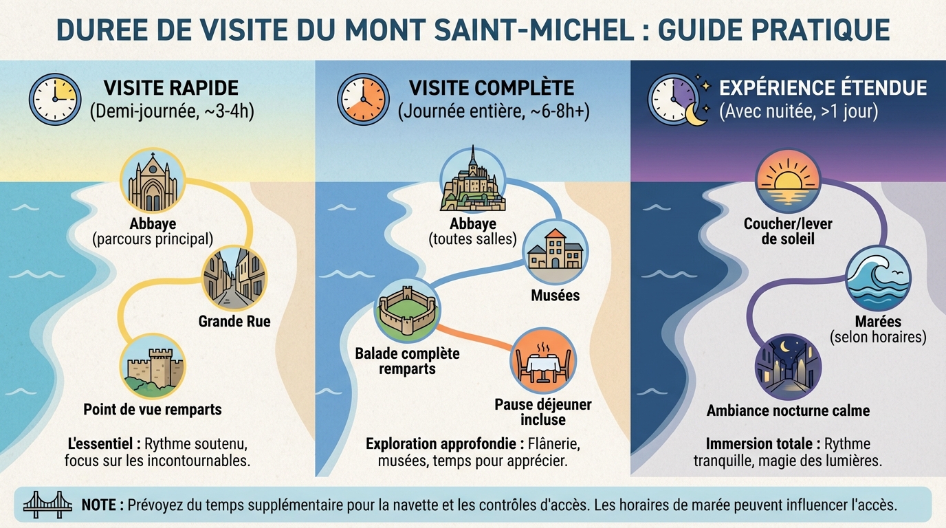 Combien de temps pour visiter le mont saint-michel ? 1 Le temps nécessaire pour la visite
